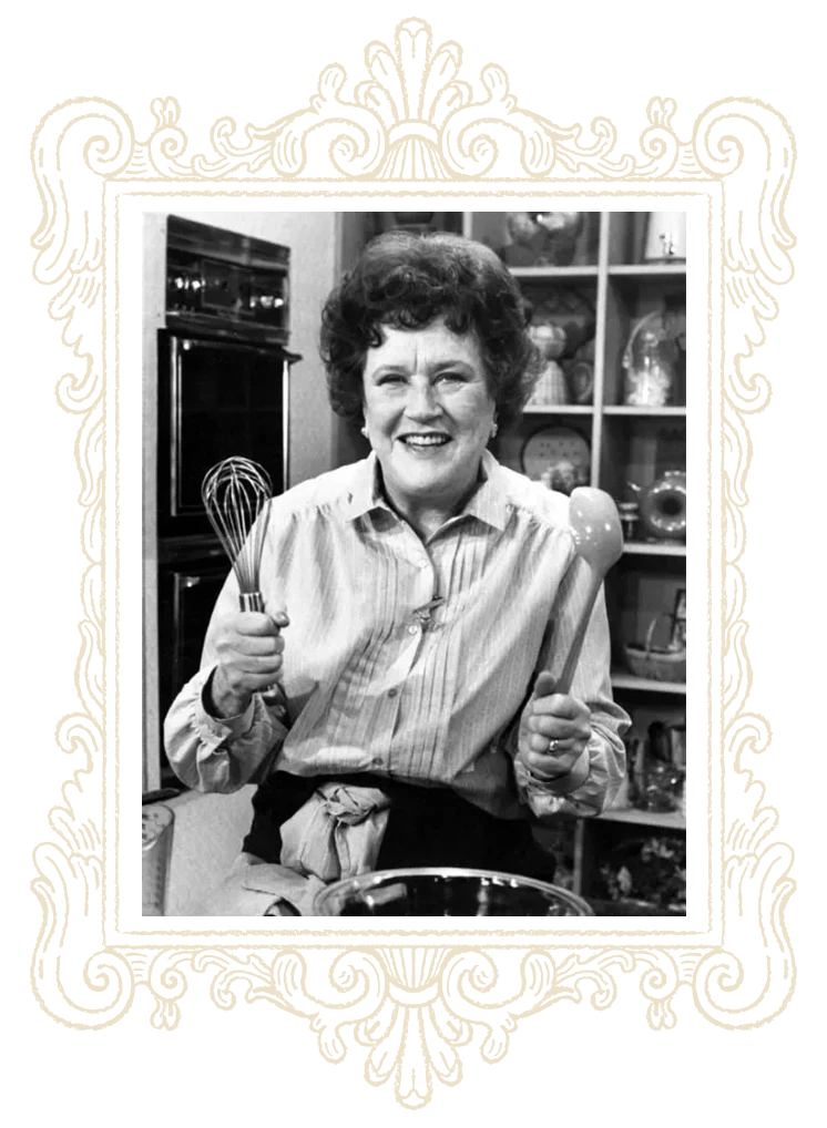Julia Child - La Couronne Portrait de Julia Child, cheffe, auteure et animatrice culinaire américaine, liée à La Couronne à Rouen.
